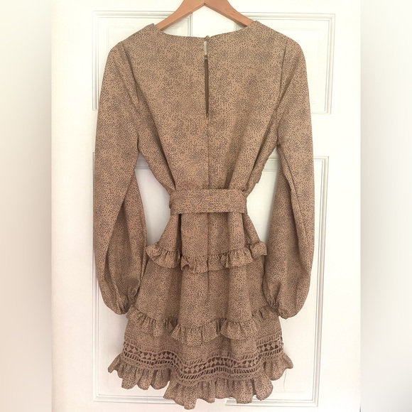 Tan Long Sleeve Ruffle Mini Dress - Picture 2 of 7